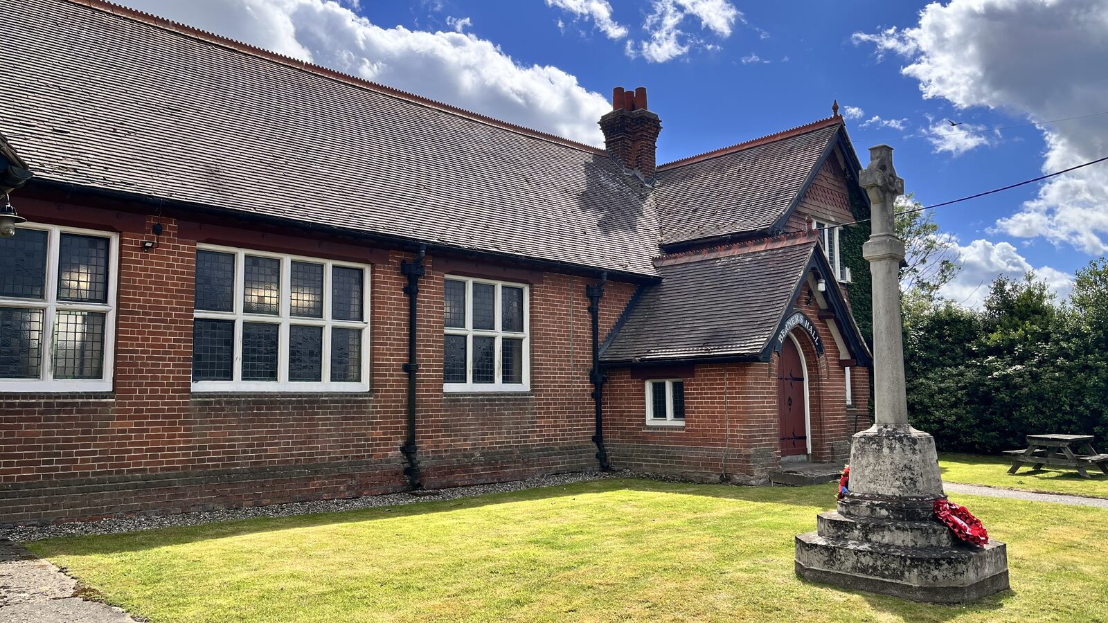The front lawn and war memorial outside Berners Hall
